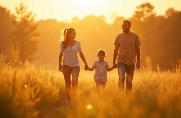 Familie bei Abendspaziergang